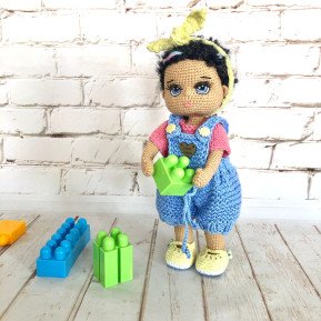 Custom Crochet Black Hair Doll with Blue Overalls