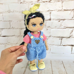 Custom Crochet Black Hair Doll with Blue Overalls