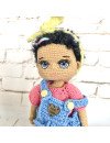 Custom Crochet Black Hair Doll with Blue Overalls