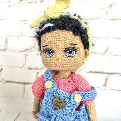 Custom Crochet Black Hair Doll with Blue Overalls