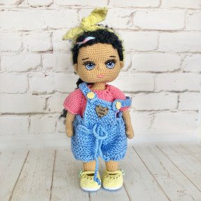 Custom Crochet Black Hair Doll with Blue Overalls